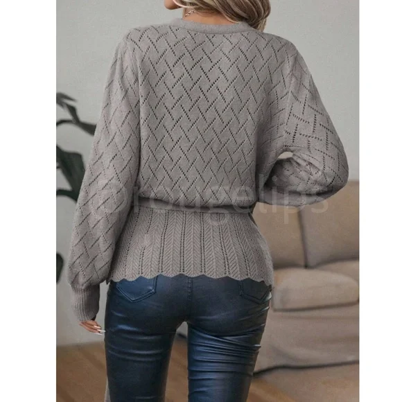 Gray Wrap Cardigan Long Lantern Sleeve Ties - Picture 4 of 8